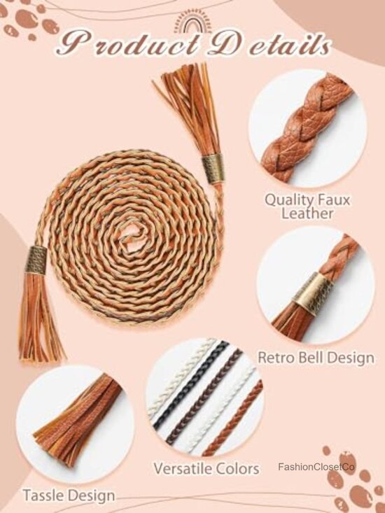 5 Pcs Faux Leather Braided Tassel Waist Belt Set, Extra Long Skinny Rope Belts main image 5